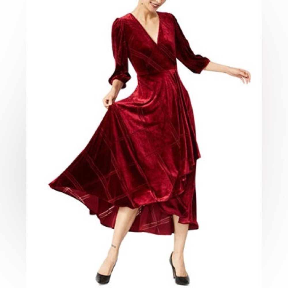 Calvin Klein Red Velvet  Faux Wrap Midi Dress